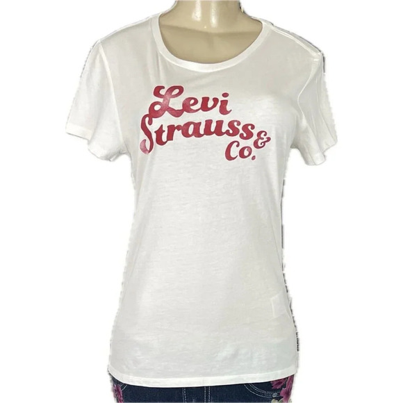 Levi's L White Logo Red Name Graphic Crew Neckline Cotton Short Sleeve Tee - Picture 2 of 5